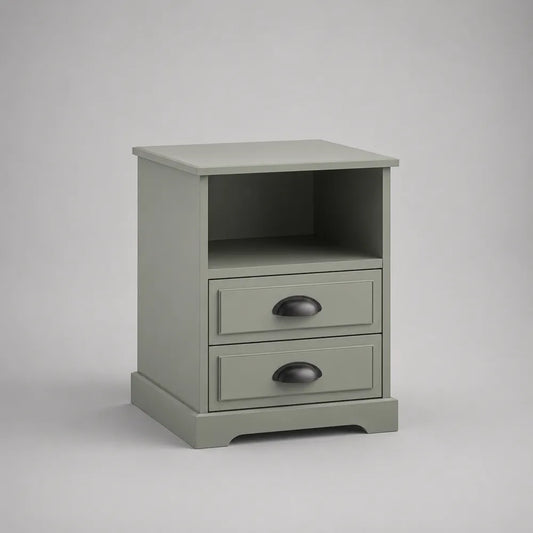 Comodino con 2 cassetti in MDF verde salvia con vano aperto struttura rettangolare 50x40x60 cm