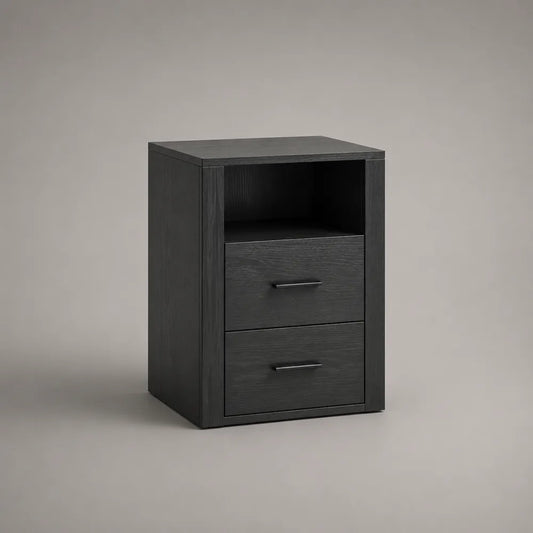 Comodino nero in MDF con 2 cassetti e vano aperto 45 x 40 x 55 cm