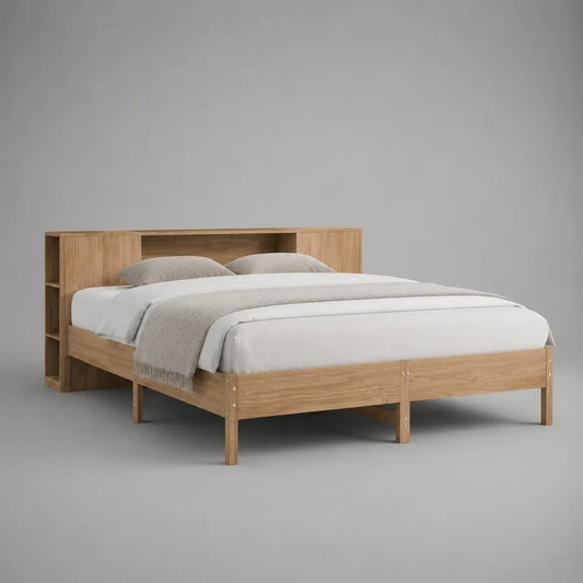 Letto matrimoniale in legno effetto naturale con testiera contenitore e ripiani laterali 160 x 200 cm