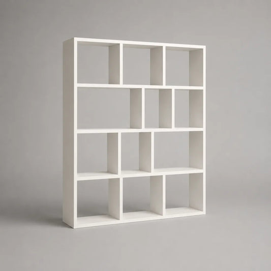 Libreria soggiorno a 15 vani aperti in MDF bianco struttura rettangolare 150 x 30 x 180 cm