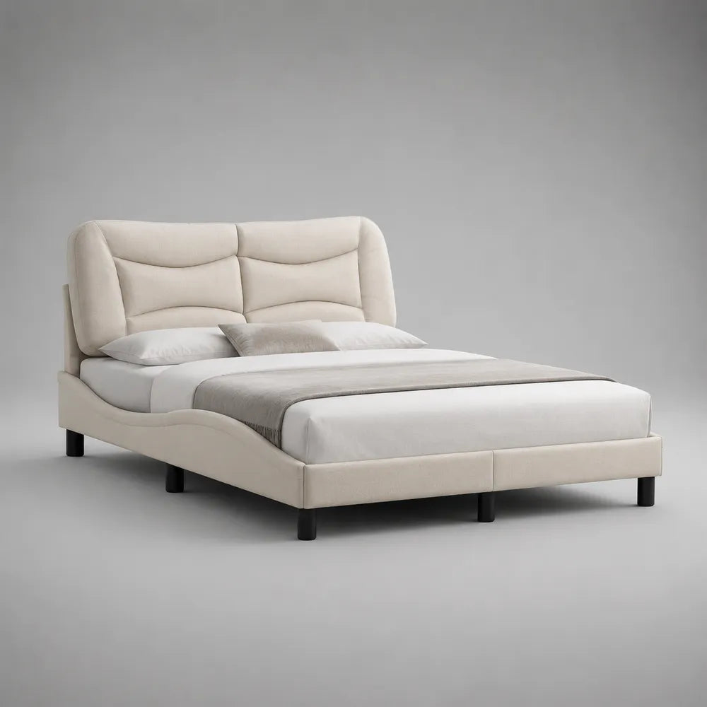 Letto matrimoniale imbottito in tessuto beige con testiera curva arrotondata e piedini neri 160 x 200 cm