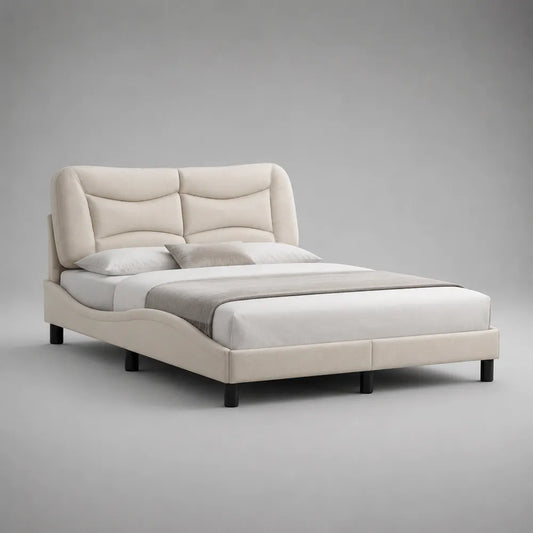 Letto matrimoniale imbottito in tessuto beige con testiera curva arrotondata e piedini neri 160 x 200 cm