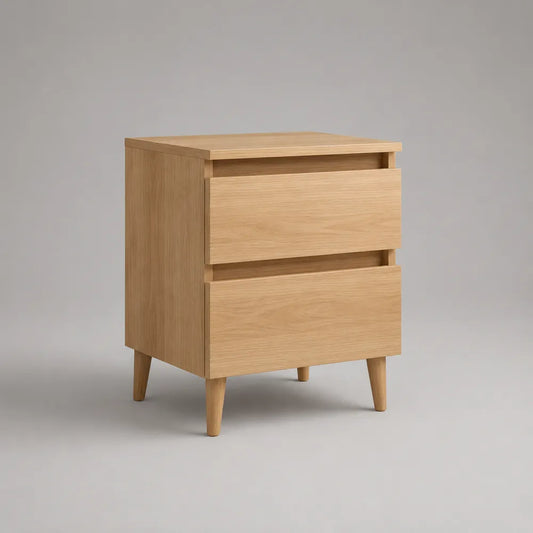 Comodino con 2 cassetti in MDF effetto rovere chiaro con gambe rialzate struttura rettangolare 45x40x55 cm