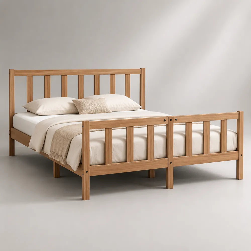 Letto matrimoniale in legno naturale con testiera e sponde laterali a doghe verticali 160 x 200 cm