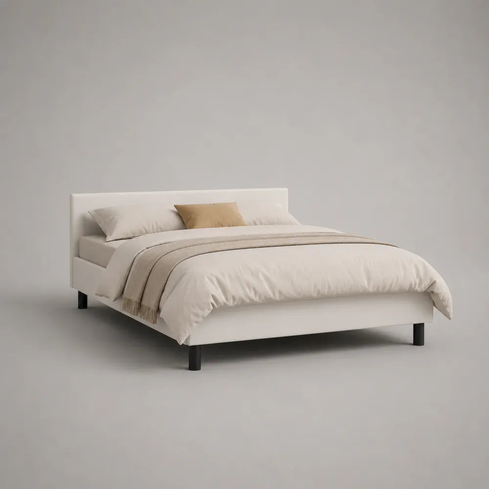 Letto matrimoniale imbottito in tessuto poliestere bianco con testiera rettangolare 160 x 200 cm