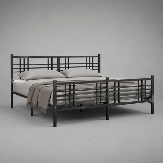 Letto matrimoniale in acciaio verniciato nero con testiera e pediera a barre rettangolari 160 x 200 cm