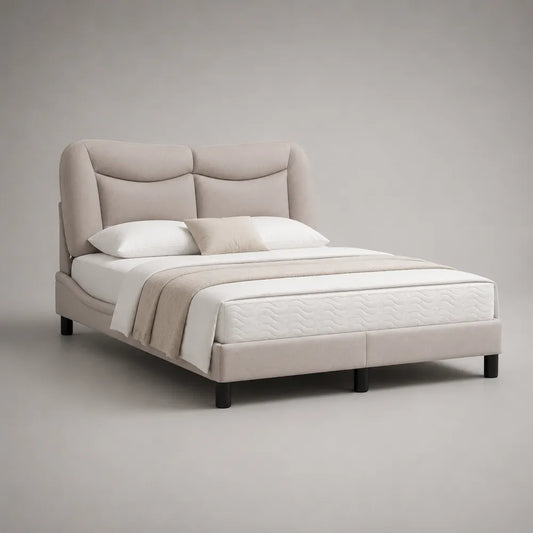 Letto matrimoniale imbottito in tessuto poliestere beige con testiera sagomata 160 x 200 cm