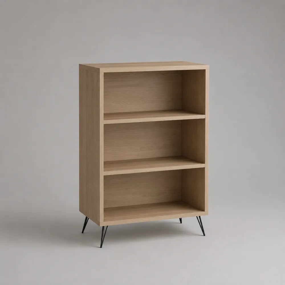 Libreria in MDF effetto rovere chiaro con 3 ripiani e gambe in metallo 80 x 35 x 120 cm