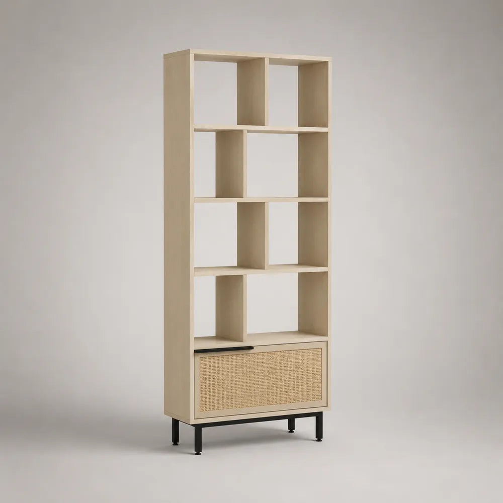 Libreria scaffale rettangolare in MDF effetto rovere chiaro con vano chiuso e gambe in metallo 80 x 35 x 180 cm