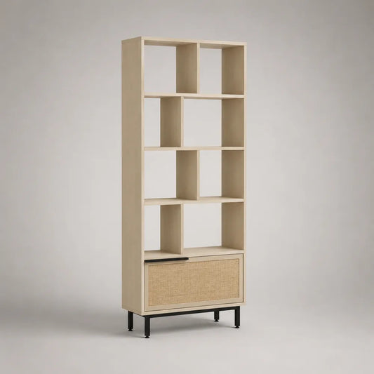 Libreria scaffale rettangolare in MDF effetto rovere chiaro con vano chiuso e gambe in metallo 80 x 35 x 180 cm
