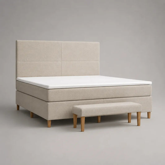 Letto matrimoniale imbottito in tessuto poliestere beige con testiera a pannelli e panca coordinata 160 x 200 cm